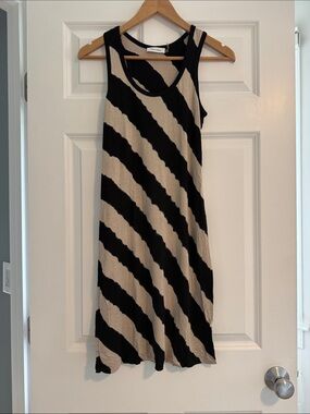 Calvin Klein Black and Beige Diagonal Stripe Sleeveless Mini Dress
